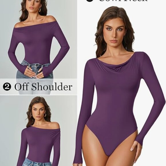Off-the-Shoulder Long-Sleeve Double Lined Thong Bodysuit - Picture 3 of 8